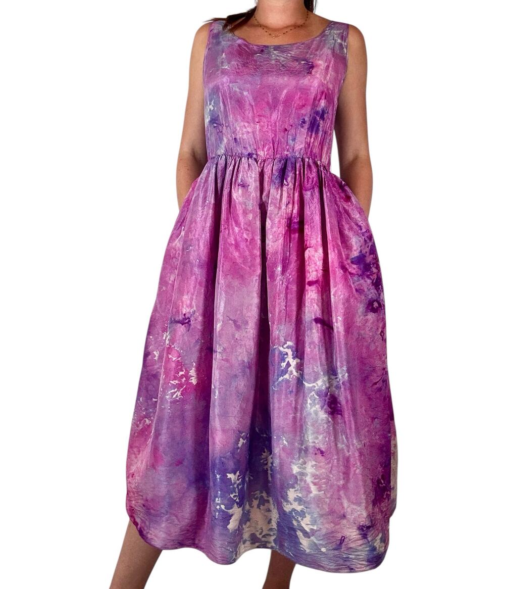 Vintage 1950s Hand Dyed Pink Purple Ice Dye Silk Fit & Flare Dress Crinoline